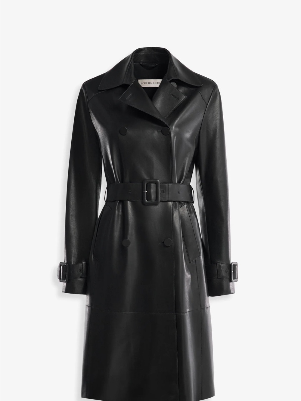 Nour Hammour “Tate” Black Leather Double-Breasted Trench Coat with Belt